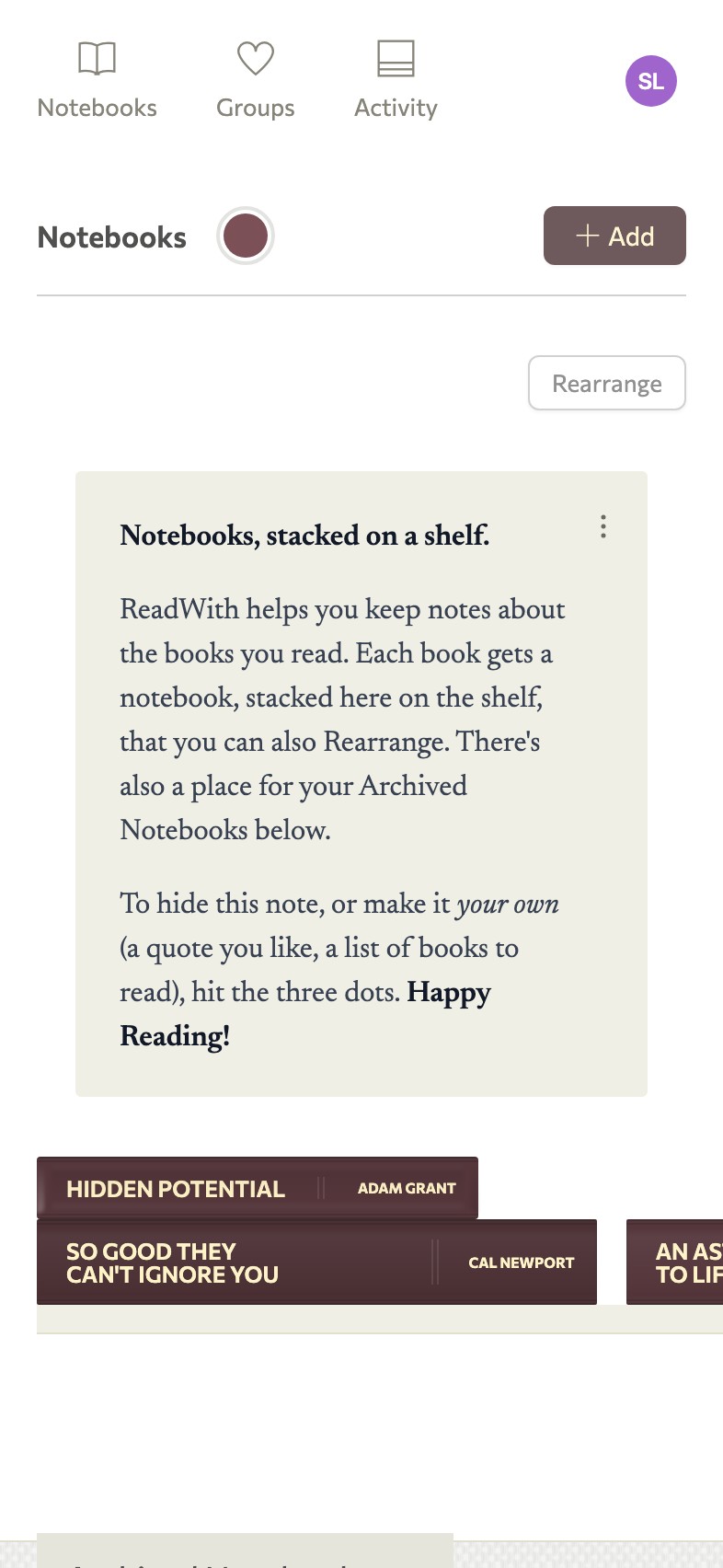 Screenshot of a list of notebooks stacked on a shelf in ReadWith