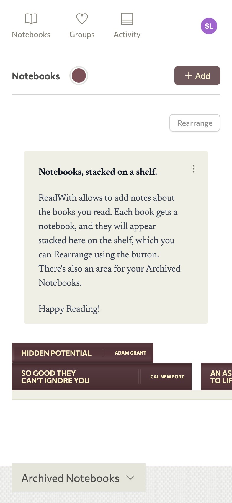 Screenshot of a list of notebooks stacked on a shelf in ReadWith