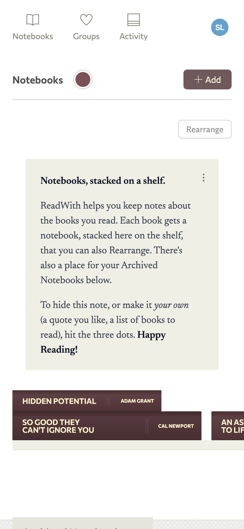 Screenshot of a list of notebooks stacked on a shelf in ReadWith