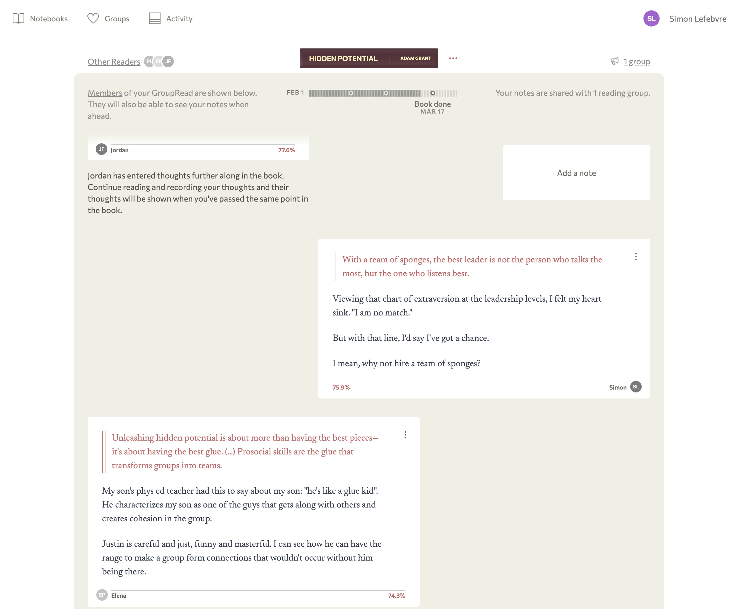 Screenshot of ReadWith's reading notes, with a note ahead from another reader