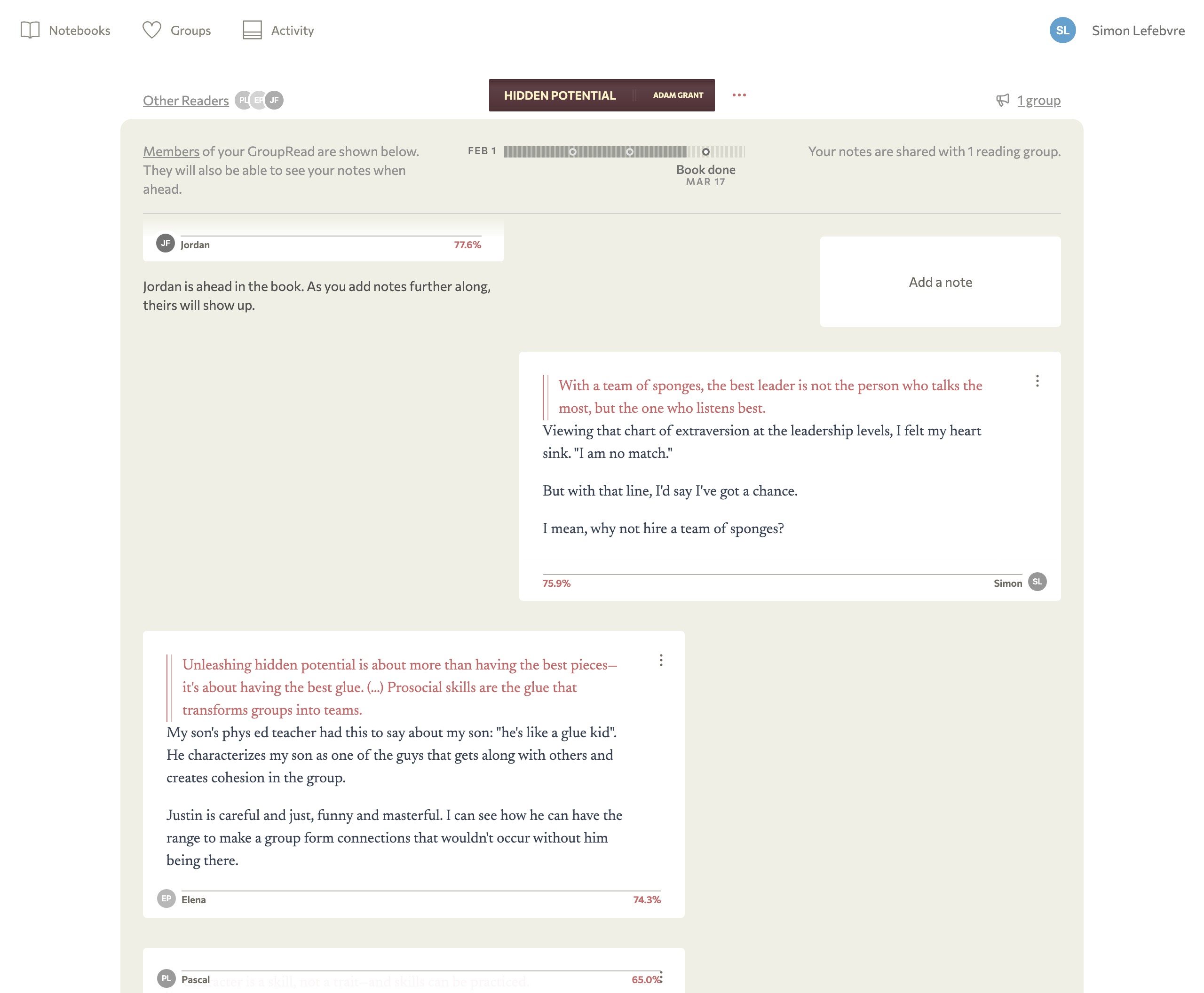 Screenshot of ReadWith's reading notes, with a note ahead from another reader