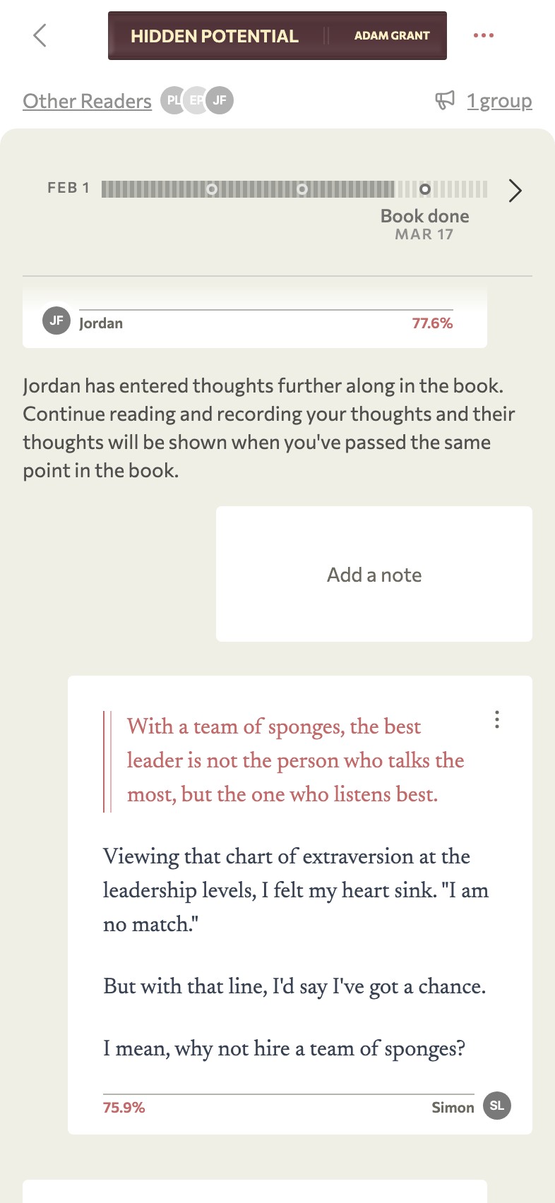 Screenshot of ReadWith's reading notes, with a note ahead from another reader