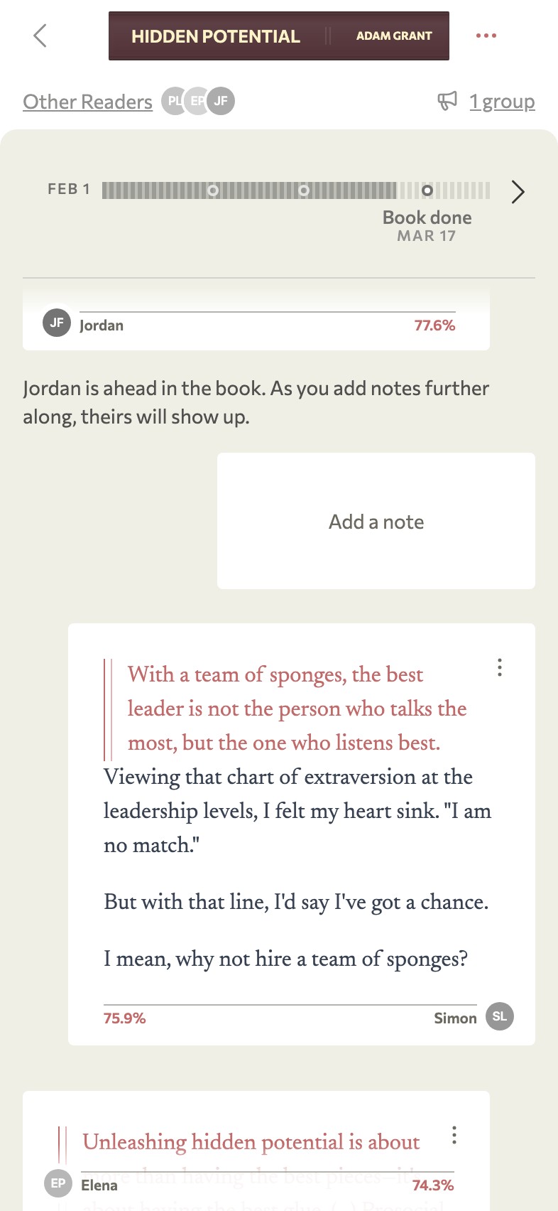 Screenshot of ReadWith's reading notes, with a note ahead from another reader